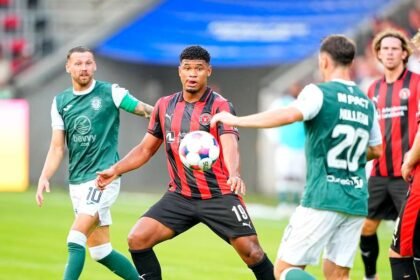 FC Midtjylland's Pedro Bravo in action against Hibernians' Josh Mulligan