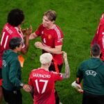Rasmus Hojlund is replaced by Joshua Zirkzee as Alejandro Garnacho and Amad Diallo look on during the Europa League final