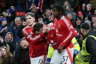 Man Utd trio Alejandro Garnacho, Bruno Fernandes and Kobbie Mainoo.