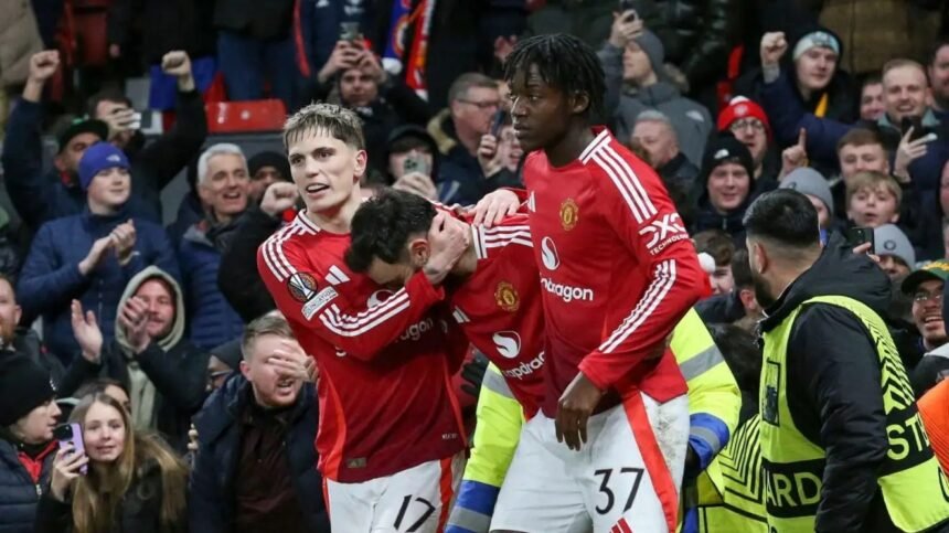 Man Utd trio Alejandro Garnacho, Bruno Fernandes and Kobbie Mainoo.
