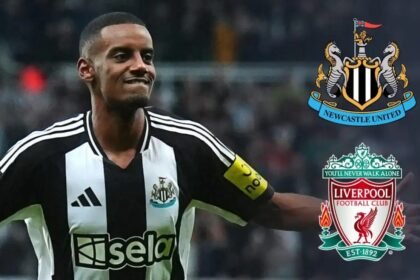 Alexander Isak with Newcastle United and Liverpool badges.