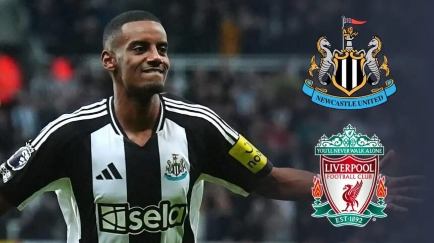 Alexander Isak with Newcastle United and Liverpool badges.