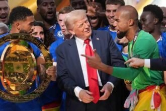 Donald Trump celebrates with the Chelsea players at the Club World Cup.