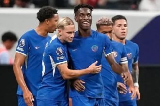 Nicolas Jackson celebrates a goal with his Chelsea team-mates