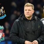Eddie Howe and Alexander Isak with Newcastle United and Liverpool badges.