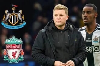 Eddie Howe and Alexander Isak with Newcastle United and Liverpool badges.