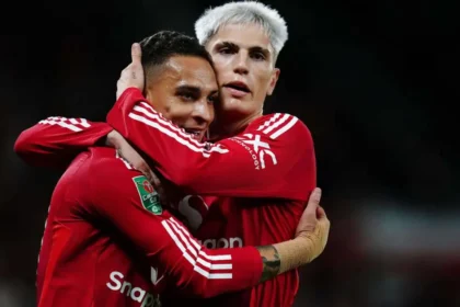 Man Utd duo Antony and Alejandro Garnacho celebrate a goal