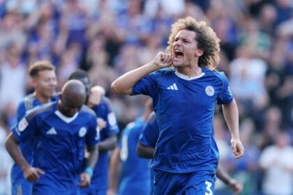 Wout Faes celebrates scoring against Sheffield Wednesday on Sunday