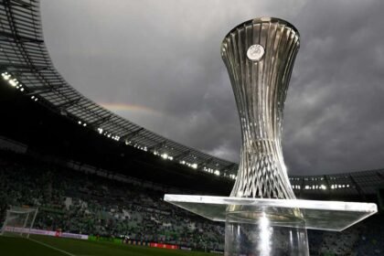 A view of the UEFA Conference League trophy ahead of the 2025 final in Wroclaw