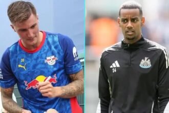 Leipzig striker Benjamin Sesko and Newcastle striker Alexander Isak