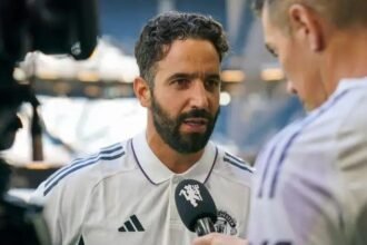 Ruben Amorim speaks to the media after a pre-season friendly.