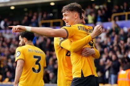 Jorgen Strand Larsen celebrates scoring for Wolves.