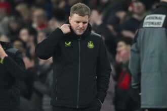 Newcastle United boss Eddie Howe looks frustrated during a Premier League match