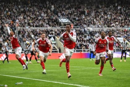 Arsenal's Gabriel celebrates scoring their second goal against Newcastle United