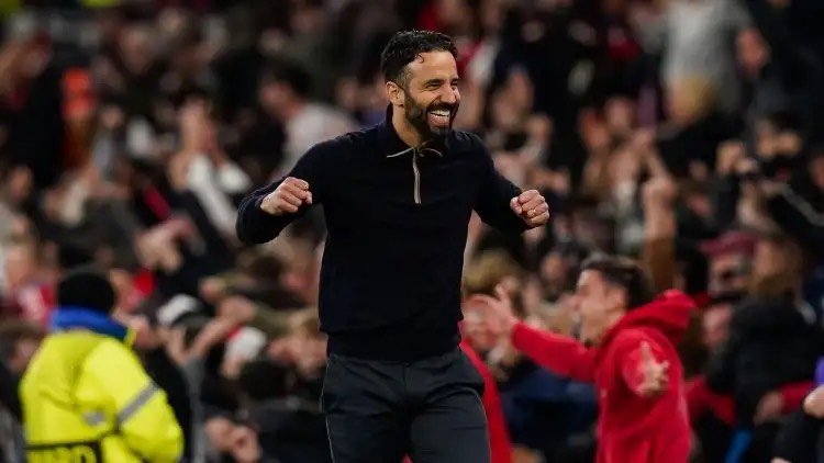 Ruben Amorim celebrates a goal during a match.