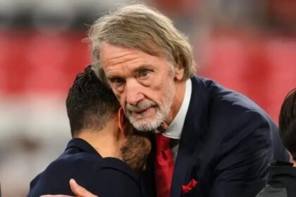 Sir Jim Ratcliffe hugs Ruben Amorim after the Europa League final.