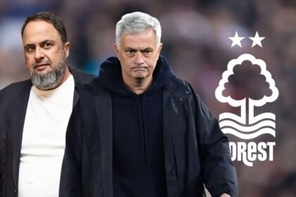 Jose Mourinho and Evangelos Marinakis with Nottm Forest's badge.