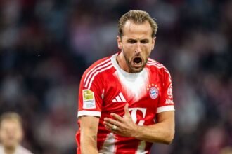 Bayern striker Harry Kane celebrates his goal