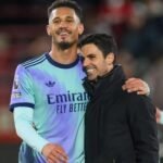 Arsenal defender William Saliba and manager Mikel Arteta