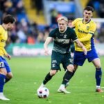 AGF's Tobias Bech fights for the ball with Brondby's Benjamin Tahirovic