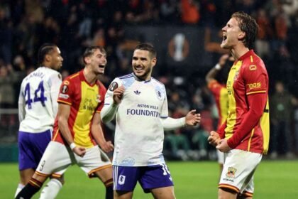 Aston Villa's Emiliano Buendia reacts after missing a penalty against Go Ahead Eagles