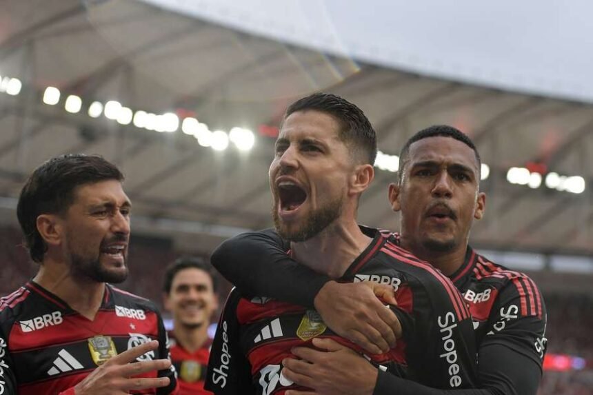 Flamengo player Jorginho celebrates his goal against Palmeiras