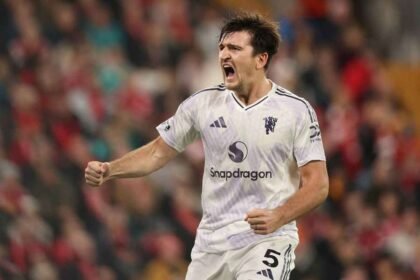 Harry Maguire celebrates scoring Man Utd's second goal against Liverpool