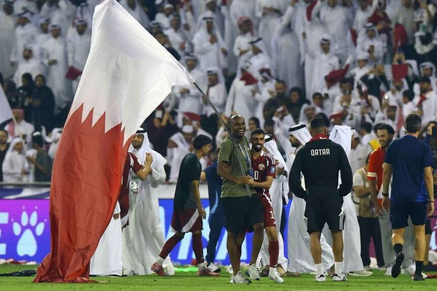Hassan Al Haydos celebrates after Qatar qualified for the World Cup
