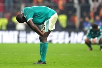 Ibrahima Konate looks devastated during a Champions League match.