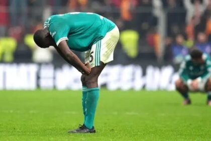 Ibrahima Konate looks devastated during a Champions League match.