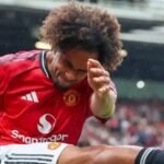 Joshua Zirkzee kicks out in frustration after missing a chance.