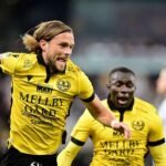 Mjallby's Tom Pettersson celebrates his goal