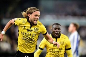 Mjallby's Tom Pettersson celebrates his goal