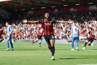 Semenyo celebrates goal vs Brighton