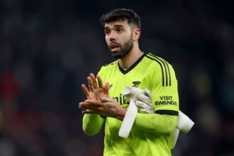 Arsenal pair David Raya and Declan Rice.