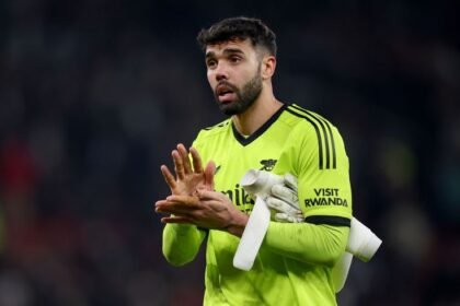 Arsenal pair David Raya and Declan Rice.