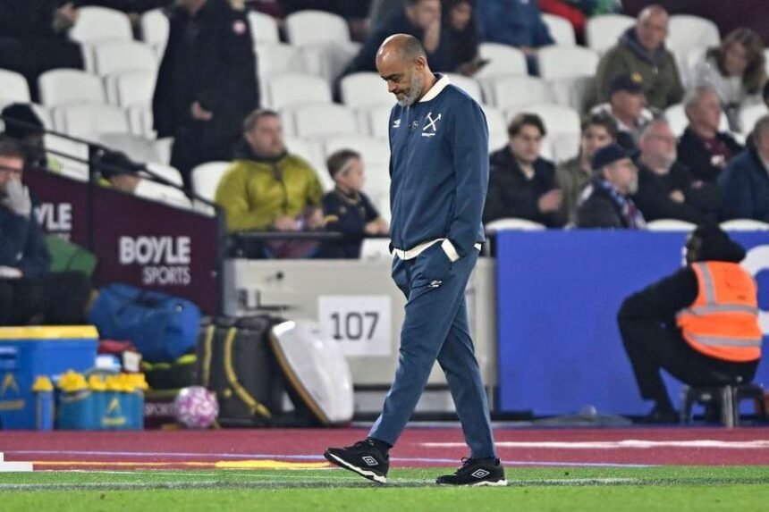 West Ham manager Nuno Espirito Santo looking downcast during the loss against Brentford