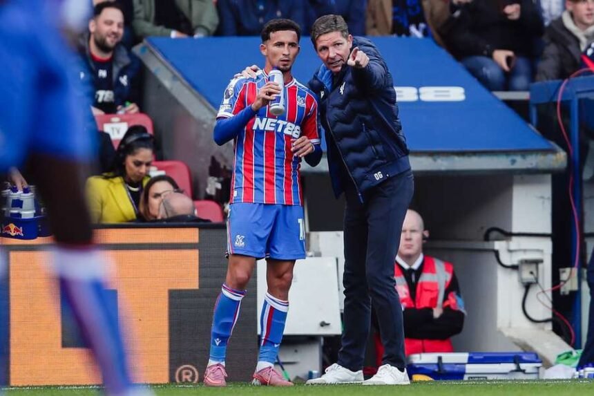 Yeremy Pino and Oliver Glasner talk during at the Premier League game between Crystal Palace and Liverpool